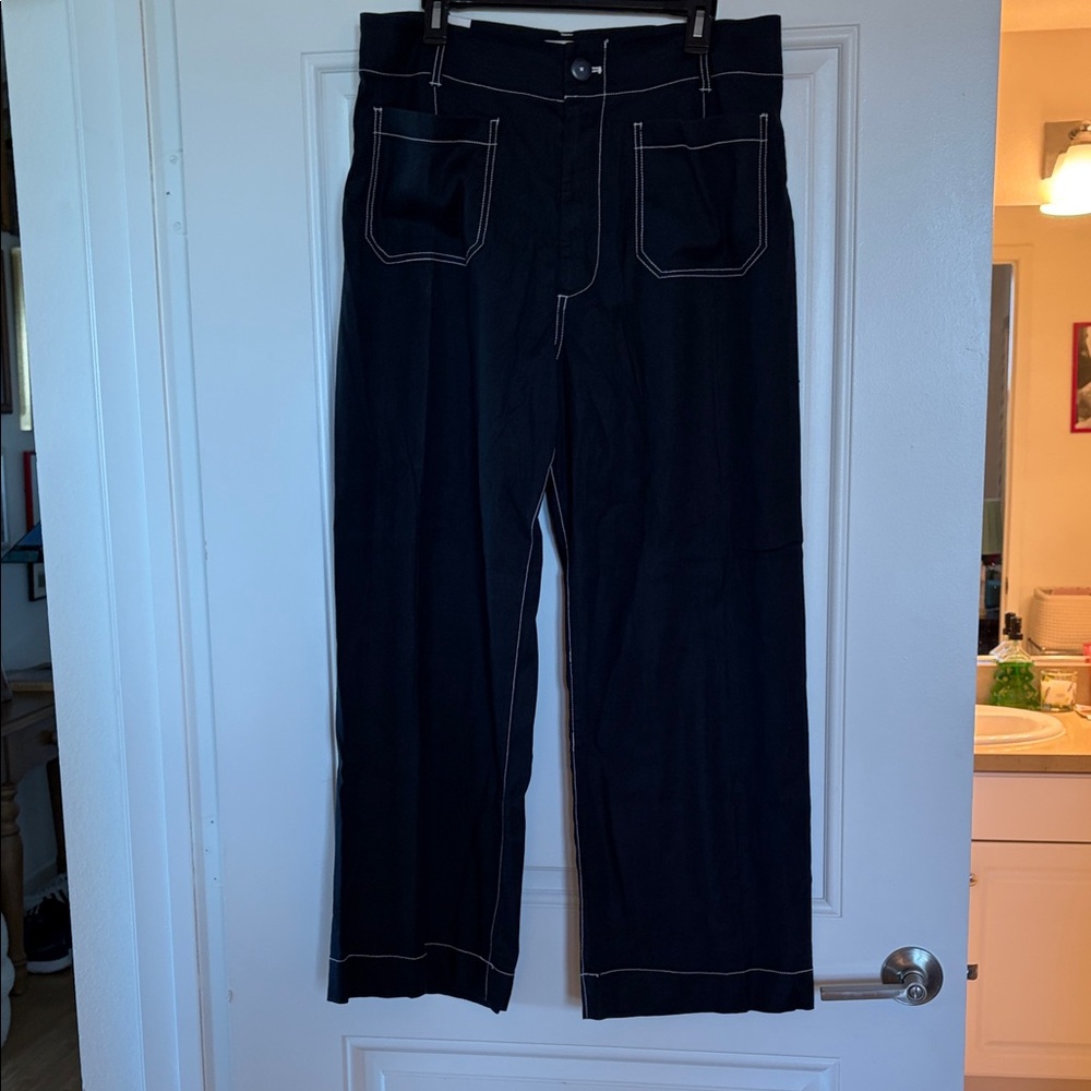 Anthropologie NAVY Wide Leg Pants with white piping.